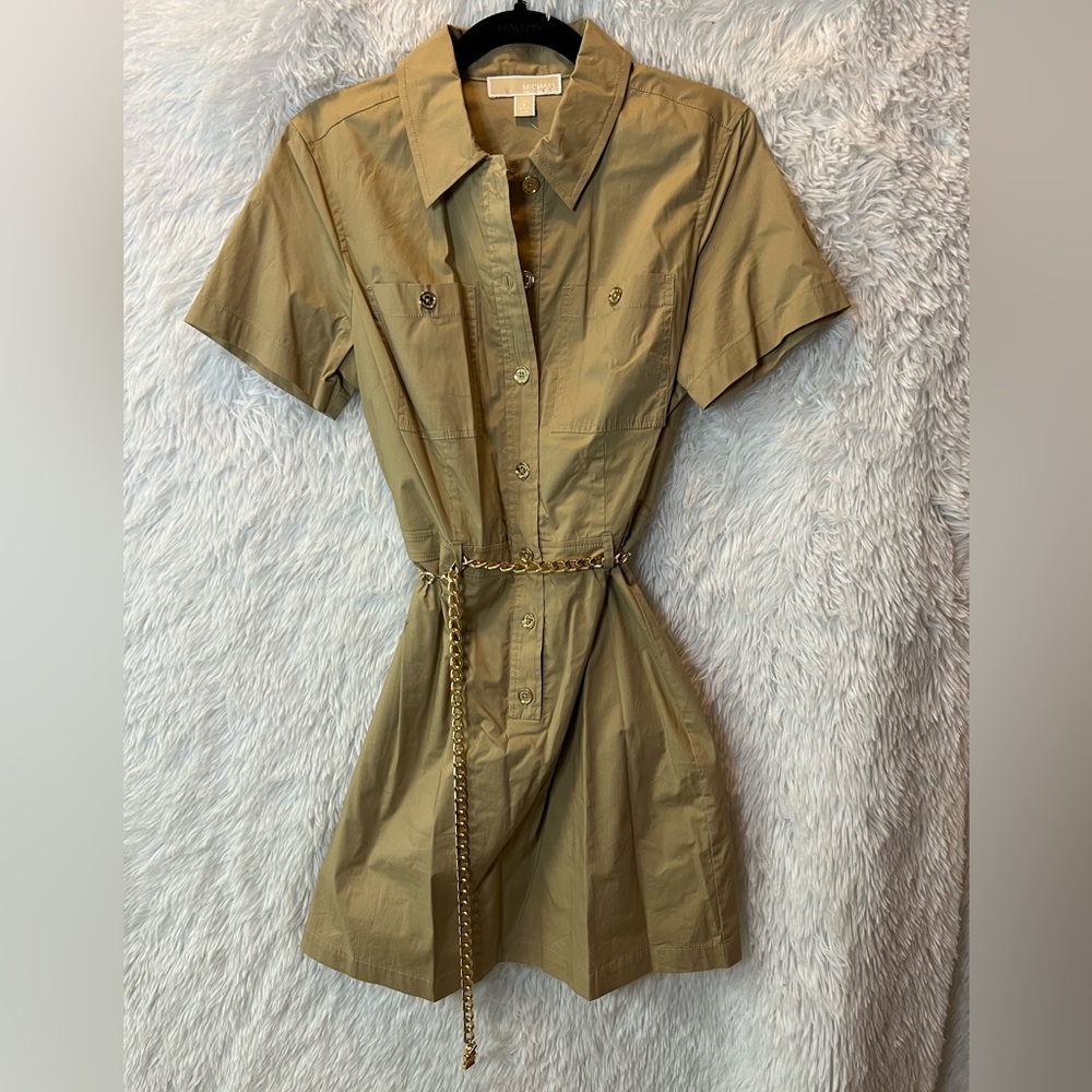 Khaki Shirt Dress with Chain Belt